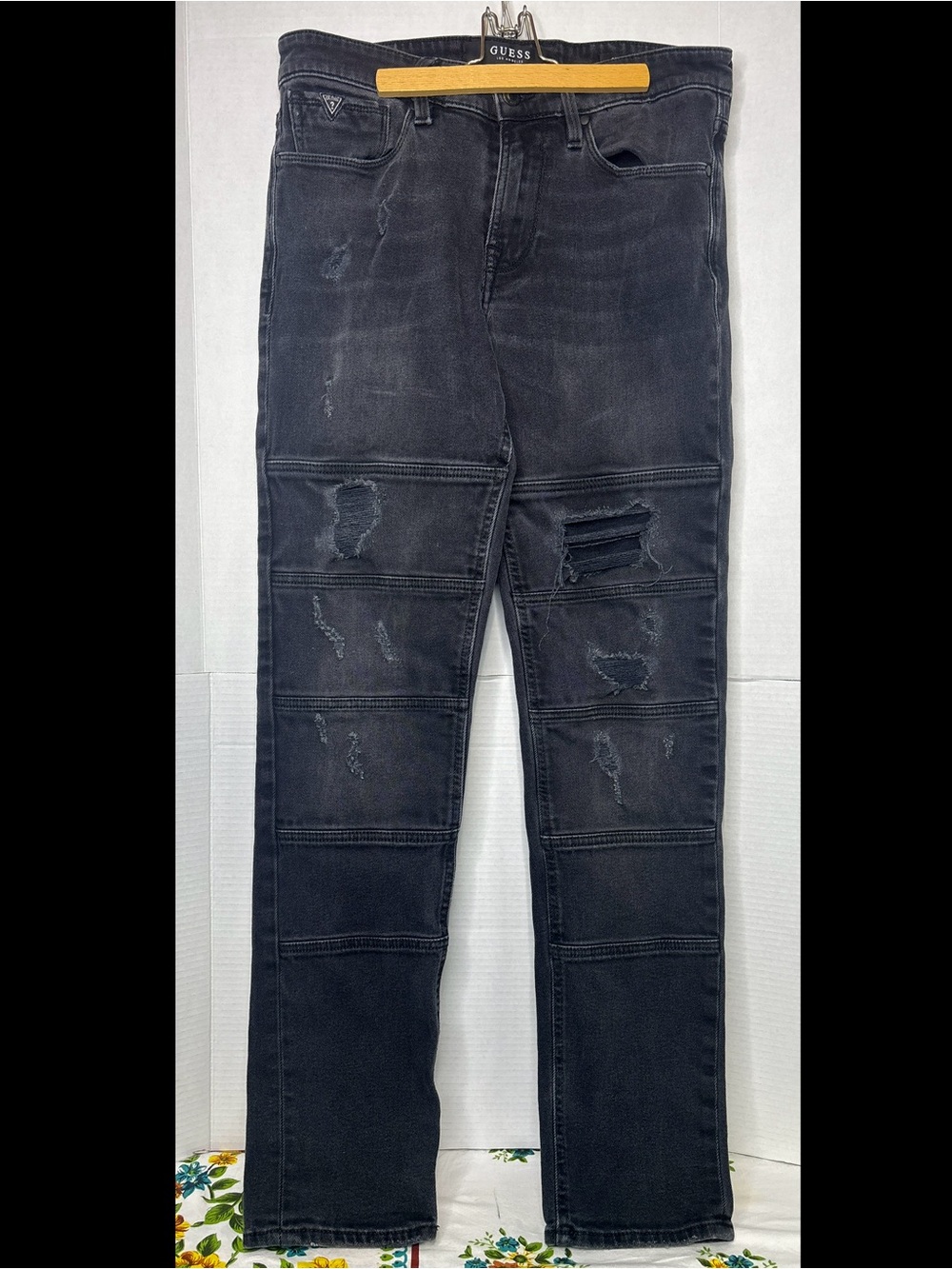 Guess Los Angeles Black Slim Tapered Distressed Moto Grunge Jeans Men’s 32